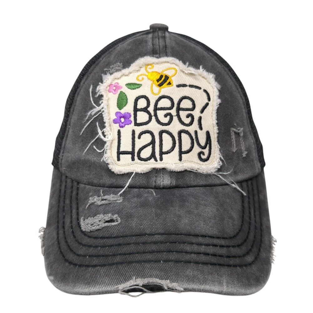 Bee Happy Strapback Trucker Hat Gray One Size Ponytail C.C Exclusives